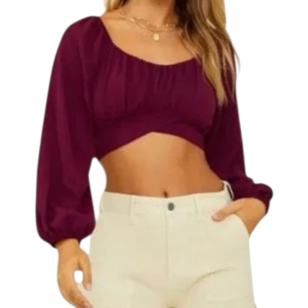 NWT ALTAR’D STATE XXL Burgundy Boho Tie Back Crop Top Long Sleeve
